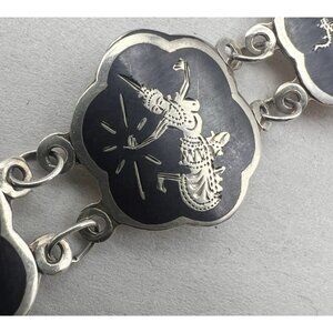 Vintage Sterling Silver Siam Nielloware Goddess Panel Link Bracelet 6.5" 11.5g